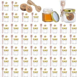 Mini Honey Glass Mason Jars W/ Wooden Dipper 1.5 oz Hexagon Decor, DYI, Candles